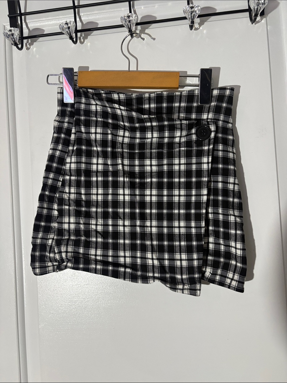 Garage Black and White Plaid Wrap-Style Mini Skirt